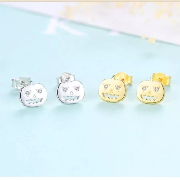 Scary Pumpkin Earrings 18KGP S925 NEW - Picture 1 of 4
